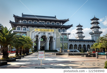 Shadian. Shadianzhen. Mosque Hui village with palm trees. Yunnan, China. 122569940