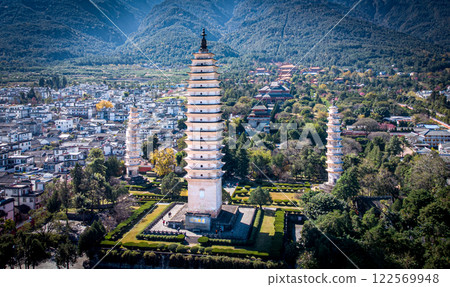 Aerial view of Dali pagodas in Yunnan, China Aerial view of Dali pagodas in Yunnan, China 122569948