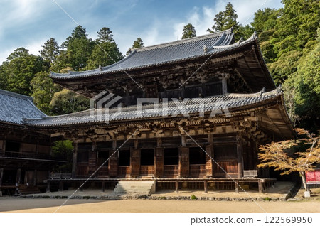 A wooden temple in Mount Shosha. Mountain near Himeji. Japan. 122569950