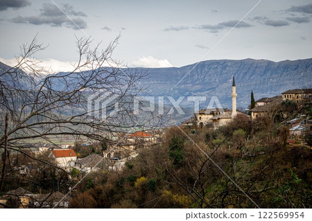 Gjirokaster view of valley and mosque. Albania Ottoman town. Hoxha birthplace 122569954