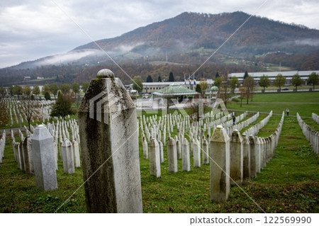 Srebrenica massacre memorial in Bosnia. Balkan wars. Genocide. Autumn 122569990