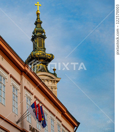 Vojovina historical building in the centre with Serbian flag. Serbia. 122570003