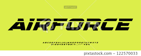 Airforce sports alphabet, sharp dynamic letters, bold speed font for racing competitive branding, aerodynamic headline, athletic typography, modern typographic design. Vector typeset Airforce sports alphabet, sharp dynamic letters, bold speed font for racing competitive branding, aerodynamic headline, athletic typography, modern typographic design. Vector typeset 122570033