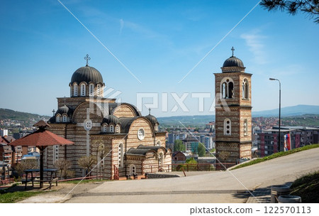 Kosovska Mitrovica Serbian orthodox church on top of the hill overlooking Kosovo 122570113