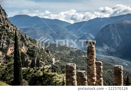 Delphi. Delfos Oracle Columns overlooking valley in ancient Greece Delphi. Delfos Oracle Columns overlooking valley in ancient Greece 122570126