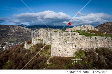Lezhe fortress with Albanian flag in the north of Albania. Gheg north. Lezhe fortress with Albanian flag in the north of Albania. Gheg north. 122570150