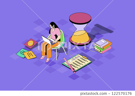 Time management web concept in 3d isometric graphic design. Isometry people scene with woman planning tasks and working time, using checklists, controlling workflow with deadline. Vector illustration. 122570176