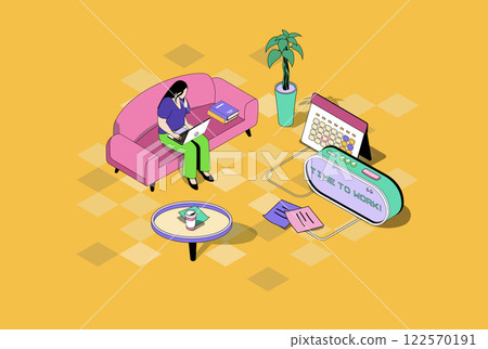 Freelance work web concept in 3d isometric graphic design. Isometry people scene with woman working as freelancer at home office, doing tasks indoors and communicating online. Vector illustration. Freelance work web concept in 3d isometric graphic design. Isometry people scene with woman working as freelancer at home office, doing tasks indoors and communicating online. Vector illustration. 122570191