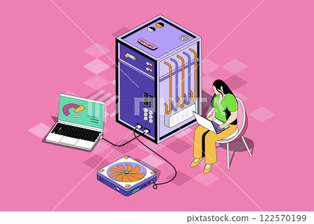 Data centre web concept in 3d isometric graphic design. Isometry people scene with woman working as tech administrators, monitoring system and infrastructure, supporting servers. Vector illustration. 122570199