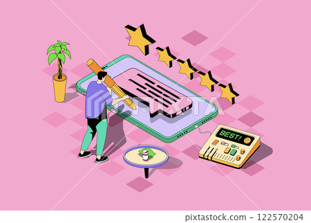 Best feedback web concept in 3d isometric graphic design. Isometry people scene with man customer leaving reviews and comments, evaluating service, give rating with five stars. Vector illustration. 122570204