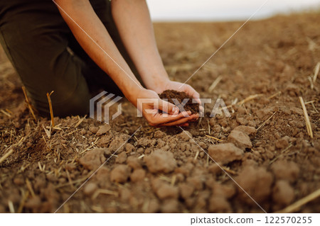 A young woman farmer holds black soil in hand on an agricultural field. Fertility concept, scaling. 122570255