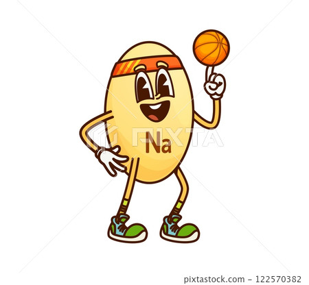 Cartoon sodium vitamin groovy character spins a basketball on its finger with a cheerful expression. Isolated vector Na micronutrient capsule basketball player retro sportsman personage wears sneakers Cartoon sodium vitamin groovy character spins a basketball on its finger with a cheerful expression. Isolated vector Na micronutrient capsule basketball player retro sportsman personage wears sneakers 122570382