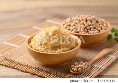 Miso paste in wooden bowl, Japanese seasoning made from fermenting soybeans with salt Miso paste in wooden bowl, Japanese seasoning made from fermenting soybeans with salt 122570449