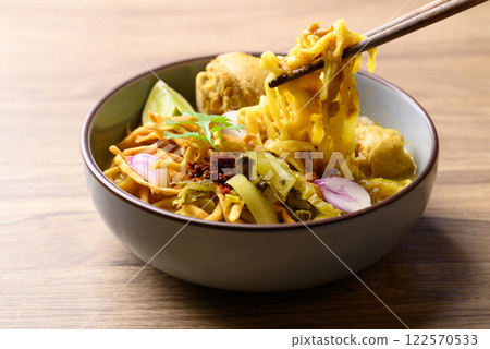 Northern Thai food (Khao Soi), Spicy curry noodles soup with chicken, Local Thai food 122570533