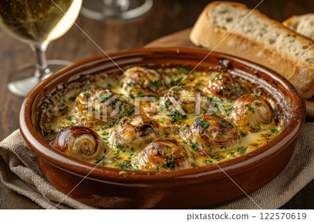 Baked escargot in garlic butter with herbs served in ceramic dish Baked escargot in garlic butter with herbs served in ceramic dish 122570619
