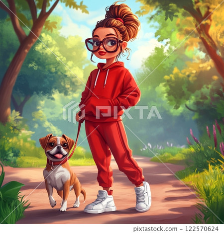 Stylish Girl in Tracksuit Walking Her Dog 122570624
