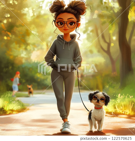 Stylish Girl in Tracksuit Walking Her Dog 122570625