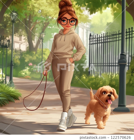 Stylish Girl in Tracksuit Walking Her Dog Stylish Girl in Tracksuit Walking Her Dog 122570626