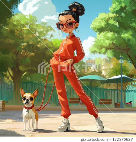 Stylish Girl in Tracksuit Walking Her Dog 122570627