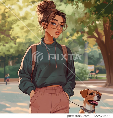 Stylish Girl in Tracksuit Walking Her Dog 122570642