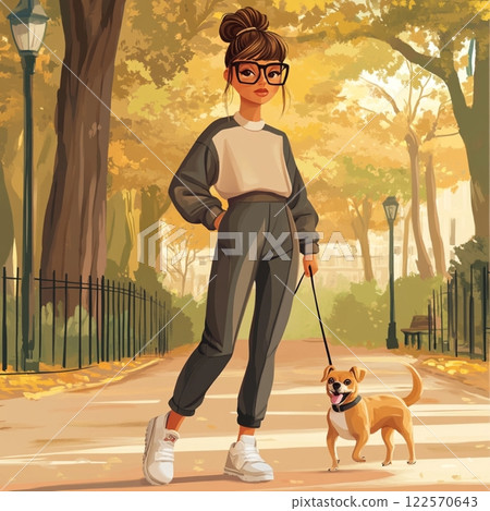 Stylish Girl in Tracksuit Walking Her Dog 122570643