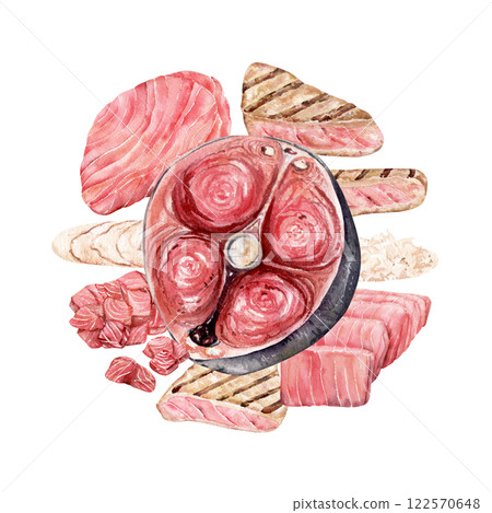 Watercolor illustration of various tuna cuts Watercolor illustration of various tuna cuts 122570648
