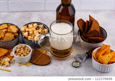 Beer and different snacks for Superbowl or football party 122570699