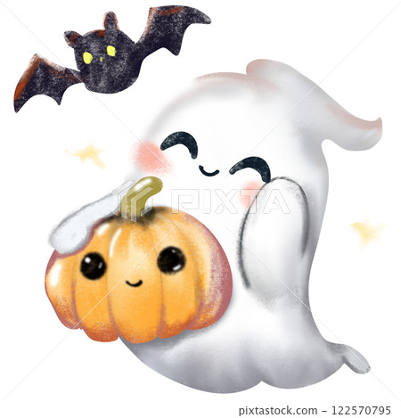 cute ghost with cute pumpkin and black bat cute ghost with cute pumpkin and black bat 122570795