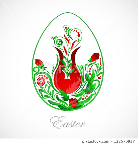 Ukrainian style of Petrikovsky painting floral easter egg background. Vector illustration 122570937
