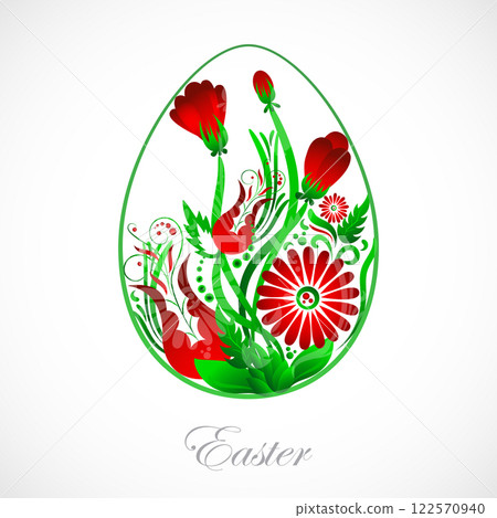 Ukrainian style of Petrikovsky painting floral easter egg background. Vector illustration 122570940