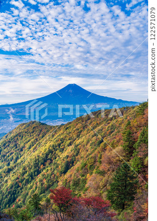 [Yamanashi Prefecture] Mt. Fuji seen from Mt. Mitsutoge with beautiful autumn leaves in the early morning 122571079