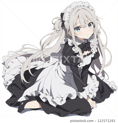 A cute girl in a maid outfit sitting on the floor 122571283
