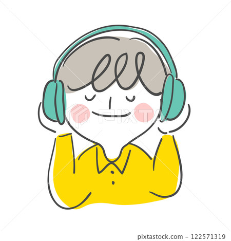 Character illustration of a person wearing a headset and listening to something 122571319