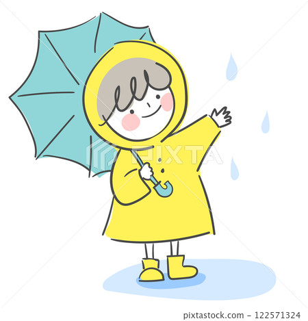 Character illustration of a child wearing an umbrella and a raincoat 122571324