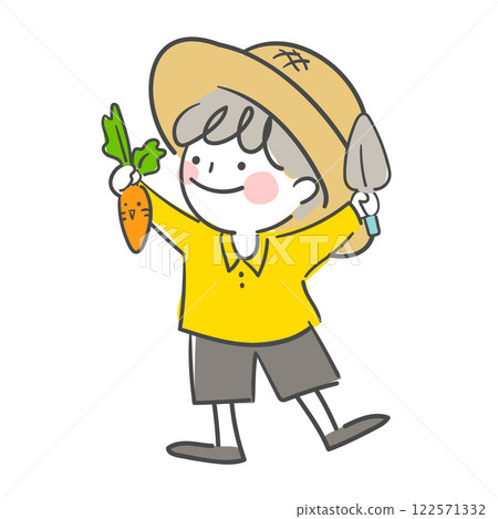 Character illustration of a child wearing a straw hat, holding a carrot and a shovel 122571332