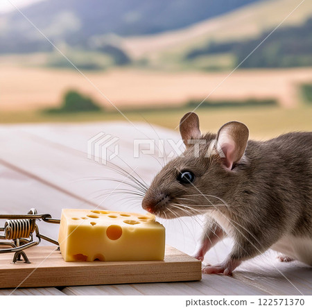 Be careful - cute mouse sniffing at the cheese that is on the mousetrap 122571370