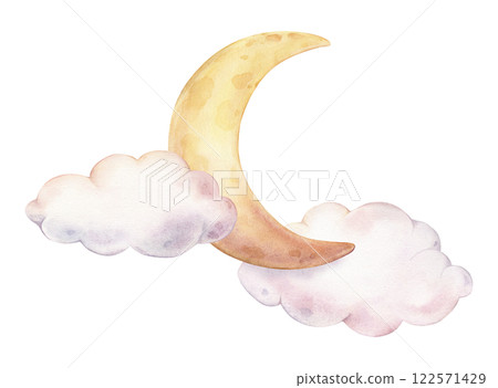 Hand drawn watercolor illustration of the moon and clouds for Baby shower invitations or nursery wall art. Drawing sky perfect for conveying a dreamy, mystical atmosphere for kids greeting cards. 122571429