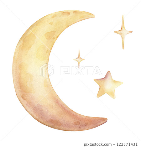 Hand drawn watercolor illustration of the moon and stars for Baby shower invitations or nursery wall art. Drawing sky perfect for conveying a dreamy, mystical atmosphere for kids greeting cards. 122571431