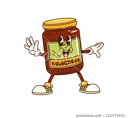 Cartoon groovy Bolognese sauce glass jar character with happy face, vector emoji. Groovy Bolognese sauce character in retro cartoon with funky happy smile laughing for Italian cuisine or pasta emoji 122571432