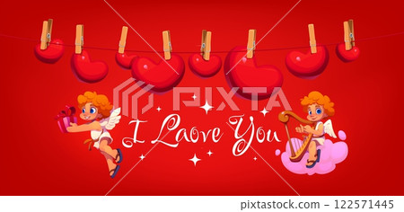 I Love You Valentine card for love holiday greeting with cherub cupid characters, vector banner. Valentine day love quote phrase with funny cartoon angels on clouds and hearts on pegs on clothesline I Love You Valentine card for love holiday greeting with cherub cupid characters, vector banner. Valentine day love quote phrase with funny cartoon angels on clouds and hearts on pegs on clothesline 122571445