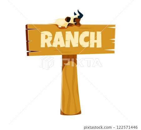 Letter T as a rustic wooden ranch sign featuring cowboy font with an animal skull, evoking the spirit of wild west lifestyle. Cartoon vector western typeface, type, English alphabet as a road signpost 122571446