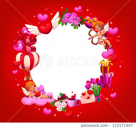Valentines day frame banner with cute cartoon playful cherubs holding bow and heart, gifts, balloons, roses and desserts on bold red background, adorned with festive elements for romantic celebration 122571447