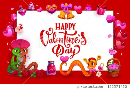 Happy valentines day greeting card featuring cute and playful snakes, hearts, balloons, roses, gifts, romantic elements, love themed decorations and lettering phrase happy valentines day in center Happy valentines day greeting card featuring cute and playful snakes, hearts, balloons, roses, gifts, romantic elements, love themed decorations and lettering phrase happy valentines day in center 122571450