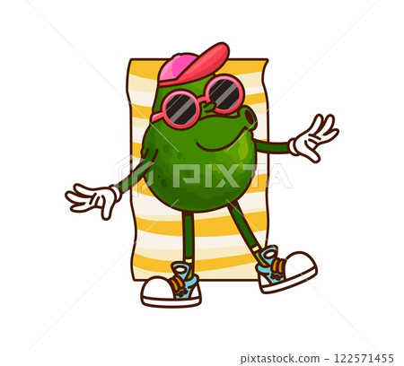 Cartoon groovy avocado character wearing sunglasses and sneakers relaxing on a striped beach towel. Vector fresh tropical vegetable or fruit retro personage tanning and relax during summer vacation 122571455