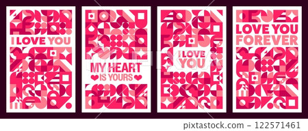 Valentines day posters with geometric shapes. Holiday banners with abstract pattern, hearts and romantic phrases like love you forever, I love you, and my heart is yours. Vector cards for greetings 122571461