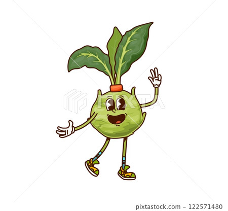 Groovy kohlrabi cartoon character on fitness sport, vector comic vegetable. Groovy kohlrabi cabbage with happy smile on face and cool gesture on sport training or fitness exercise for healthy food 122571480