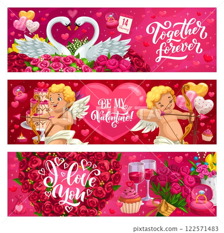 Valentines day holiday banners. Romantic love greeting cards featuring swans, cherubs, roses, hearts, and elegant phrases like together forever, be my valentine, and i love you in red and pink colors 122571483