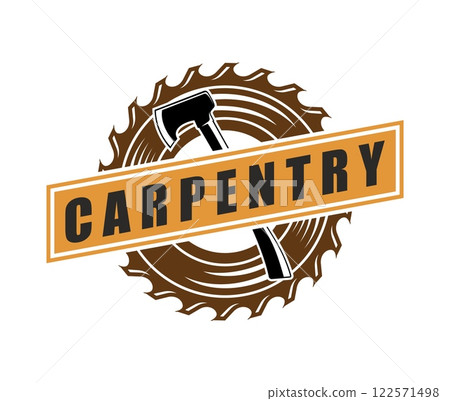 Carpentry woodwork icon featuring an axe overlaid on a circular saw blade in brown and black tones, highlighting rugged and traditional aesthetic, symbolizing woodworking, craftsmanship, and precision 122571498