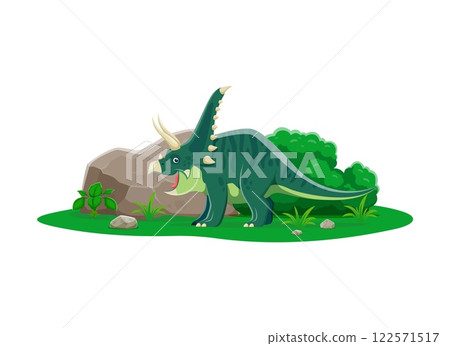 Paleontology Chasmosaurus dinosaur funny character. Extinct lizard, paleontology animal or prehistoric dinosaur cute cartoon vector mascot. Jurassic era reptile character or isolated personage 122571517