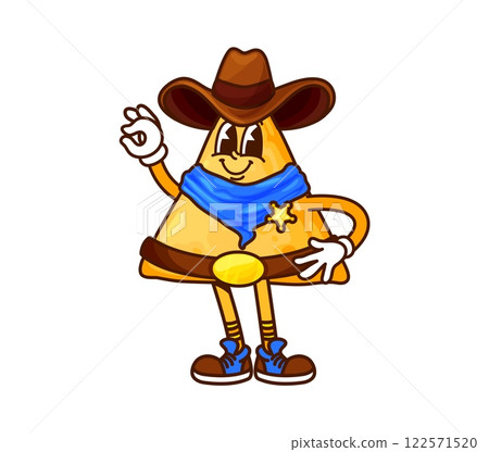 Cartoon groovy Mexican nachos chips cowboy character in sheriff hat with neck scarf, star badge, retro sneakers and leather belt, showing ok sign. Vector tex mex snack ranger y2k fast food personage Cartoon groovy Mexican nachos chips cowboy character in sheriff hat with neck scarf, star badge, retro sneakers and leather belt, showing ok sign. Vector tex mex snack ranger y2k fast food personage 122571520